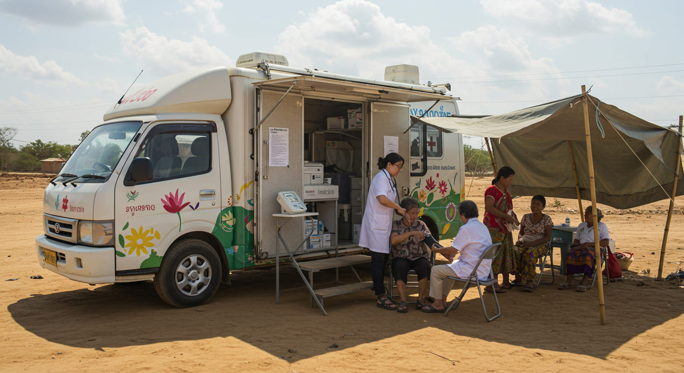 Una clínica móvil atendiendo a pacientes en una comunidad rural.