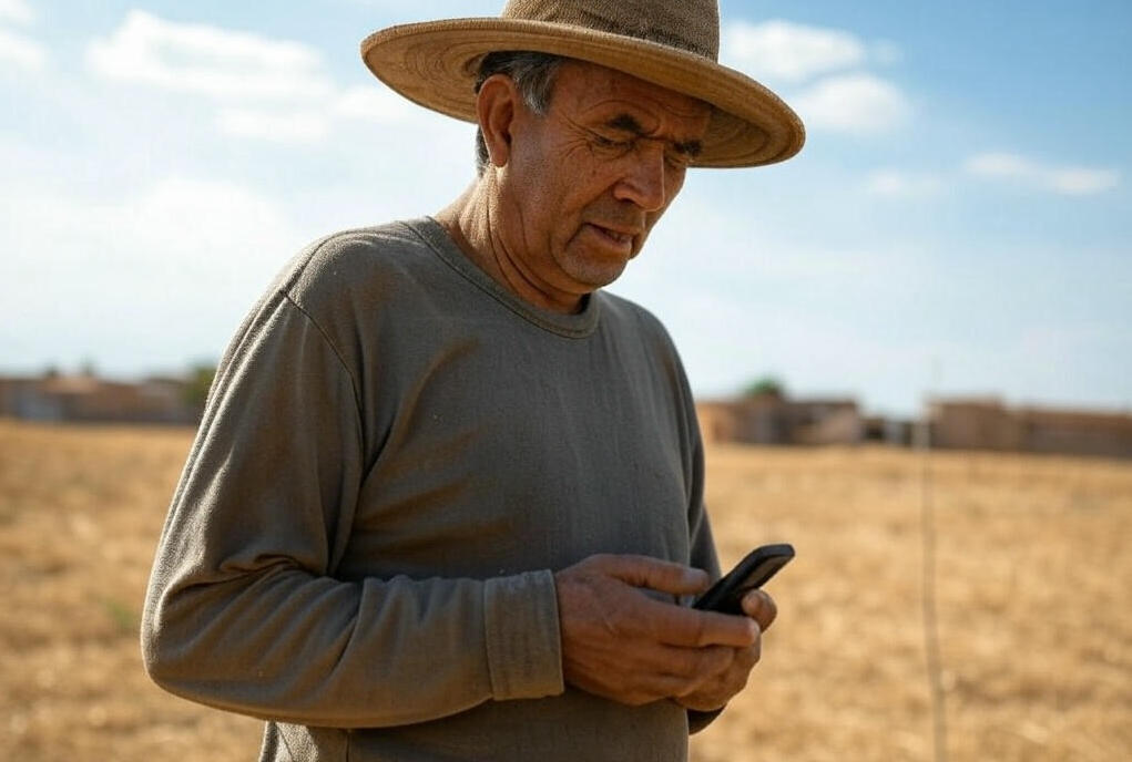 Campesino mirando un teléfono en un campo seco