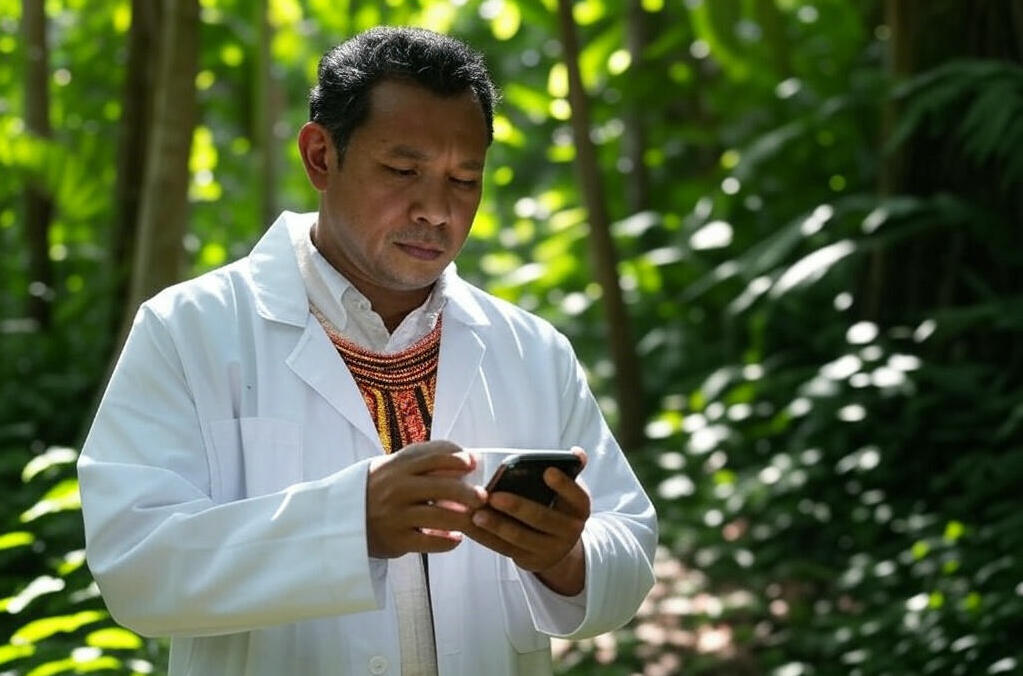 Un doctor usando un teléfono en un entorno indígena