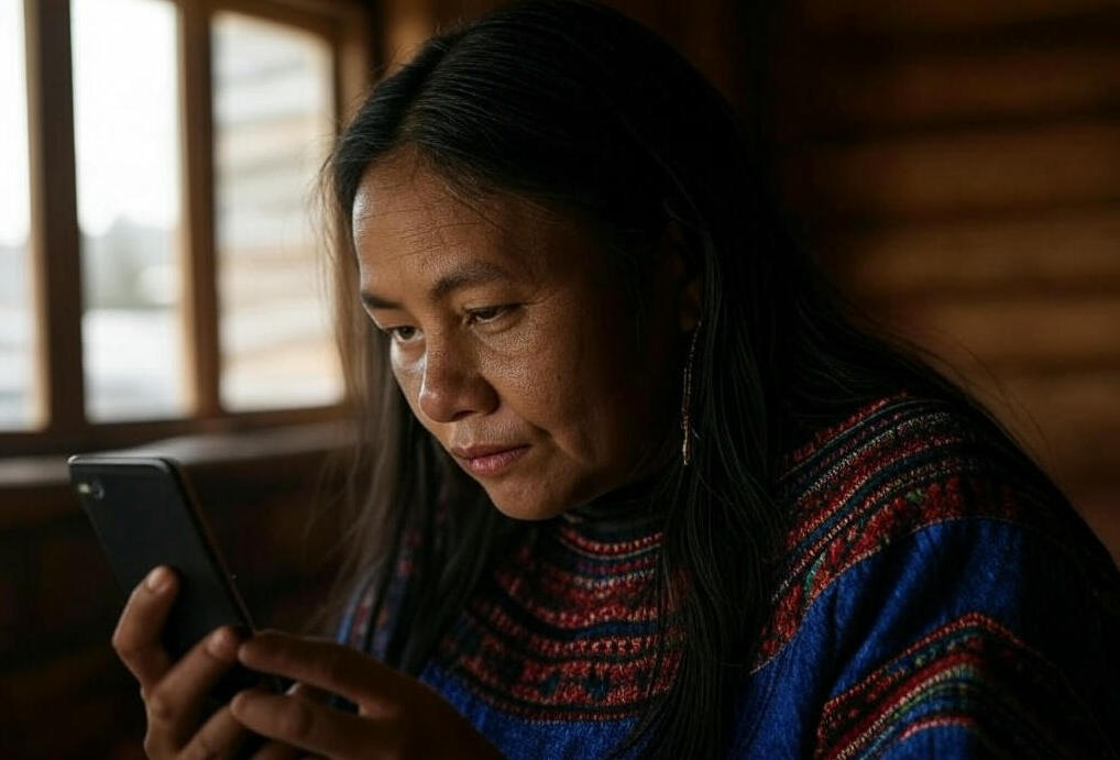 una mujer escuchando algo en su teléfono