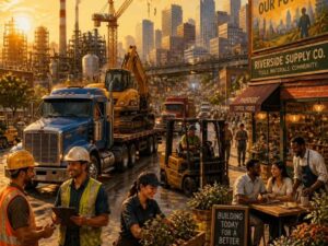 Trabajadores y comercios conviven alrededor de una zona de actividad industrial.