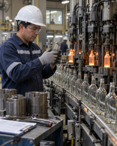 Técnico realiza control de calidad en botellas dentro de una planta de la industria del vidrio.
