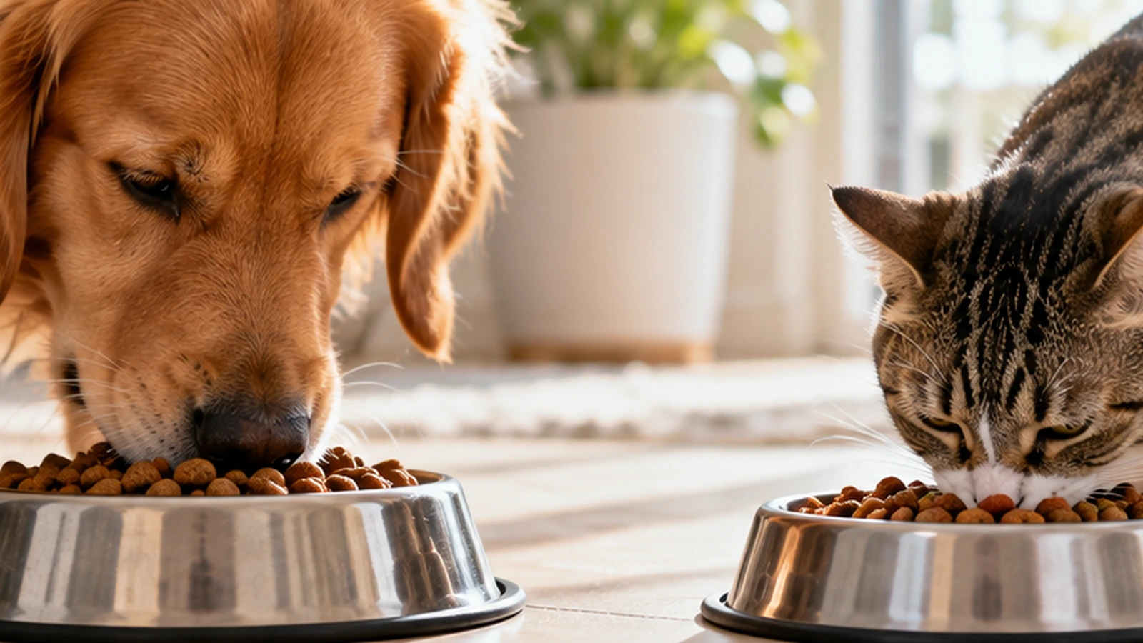 Perro y gato alimentándose en recipientes separados dentro de un hogar.