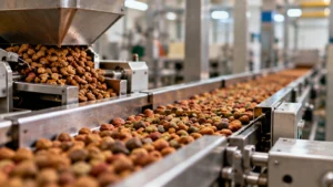 Línea industrial de producción de alimento seco para mascotas, con maquinaria y banda transportadora.