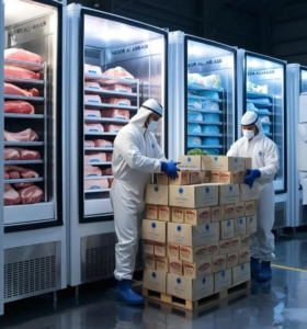 Interior de una cámara frigorífica industrial con alimentos almacenados en estanterías y trabajadores supervisando los productos.