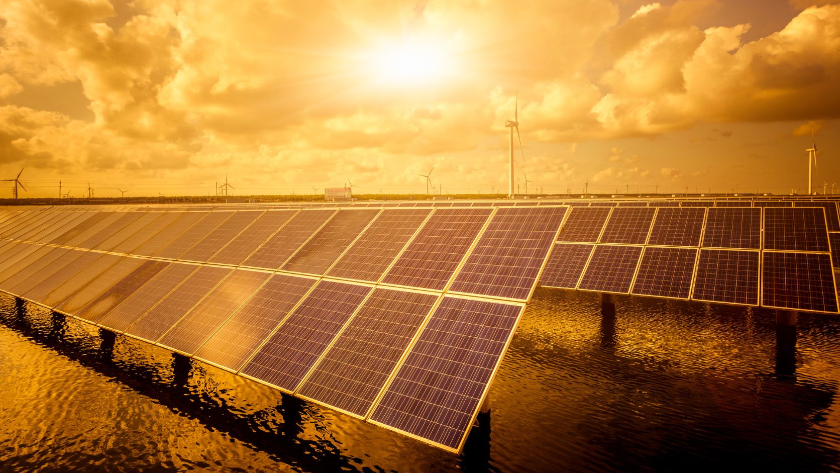 Paisaje con paneles solares y aerogeneradores que representan la transformación de la energía renovable y la diversificación de fuentes eléctricas.